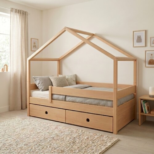 Κρεβάτι Dreamy Natural Ημίδιπλο Montessori 3 σε 1 με αφαιρούμενο σπιτάκι