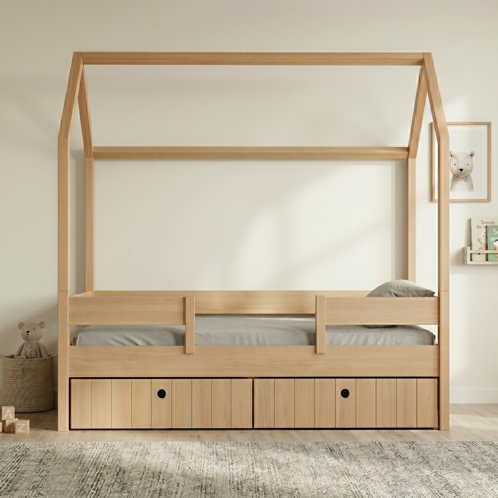 Κρεβάτι Kiddy Natural Ημίδιπλο Montessori 3 σε 1 με αφαιρούμενη σκεπή